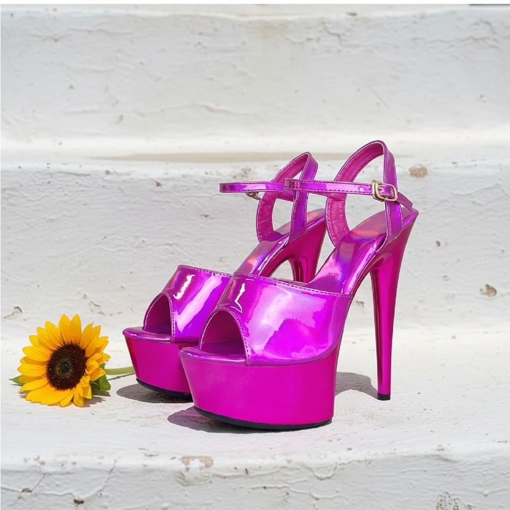 Women's Hot Pink Platform Stiletto Sandals with Ankle Strap